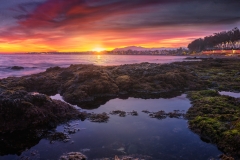 tardecer radiante sobre la orilla rocosa con una estrella de mar y un cielo al anochecer adornado con estrellas y nebulosas.